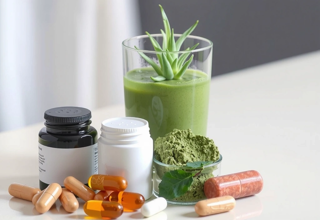 Diverse suplimente alimentare, precum capsule și pulberi, așezate lângă un pahar cu apă și o plantă verde, sugerând sănătate.