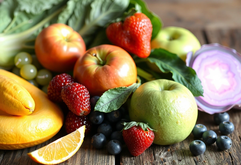 Fructe proaspete și legume, bogate în vitamine naturale, aranjate artistic pe o masă de lemn.