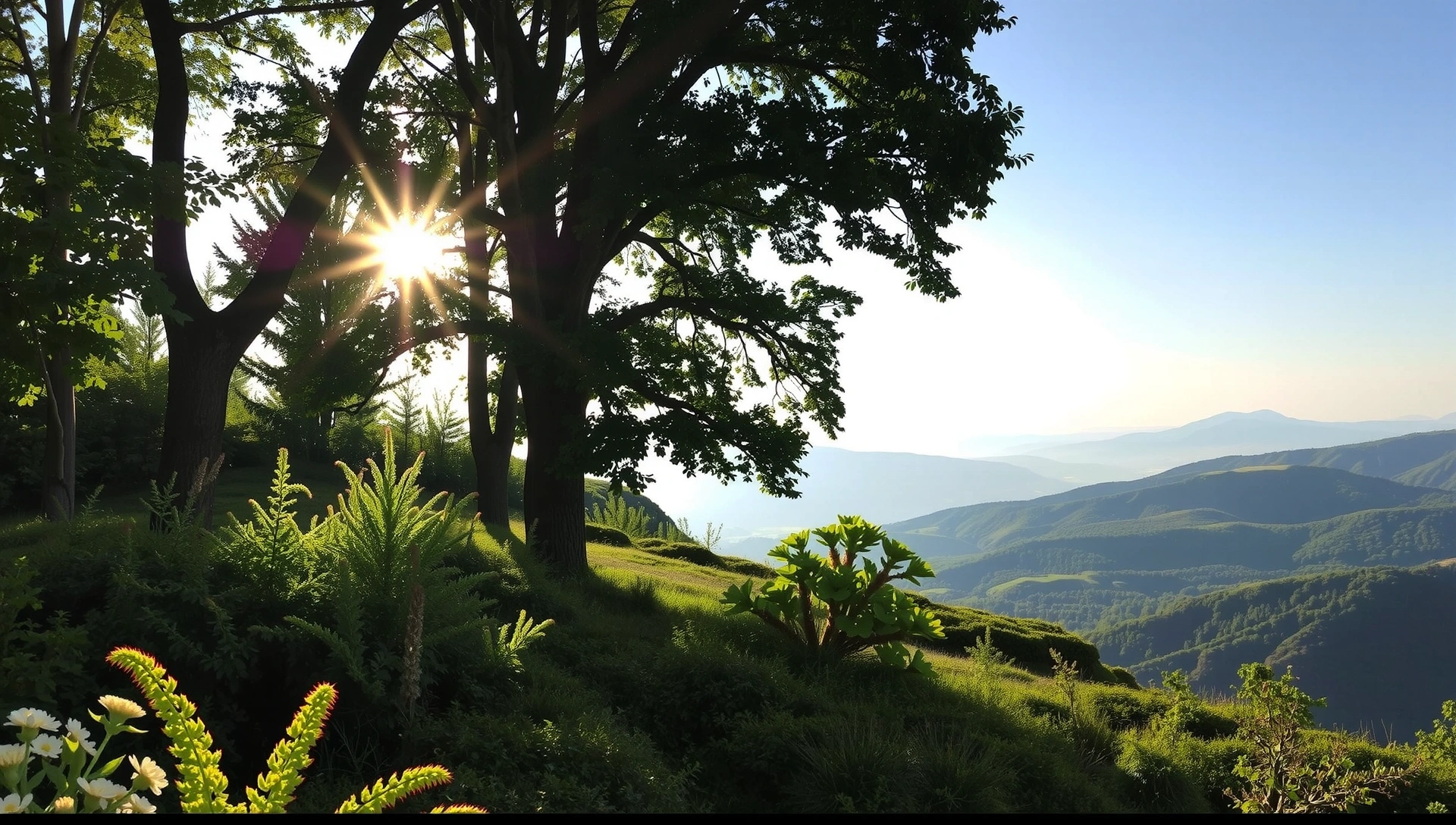 Peisaj natural luxuriant cu raze de soare filtrând prin copaci, simbolizând vitalitate și sănătate.