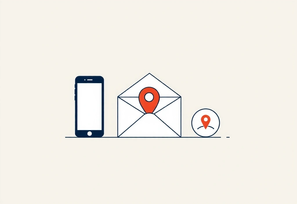 Ilustrație minimalistă de comunicare cu plic, telefon și simbol de locație