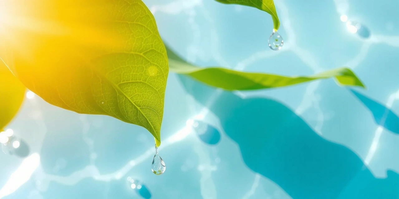 Imagine abstractă cu elemente naturale, frunze verzi, apă curgătoare și lumină solară, simbolizând puritatea și echilibrul naturii.