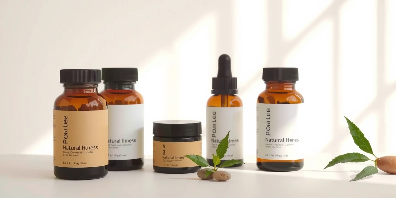 Diverse flacoane elegante de suplimente naturale aranjate minimalist pe un fundal curat, creând o imagine premium și liniștitoare.