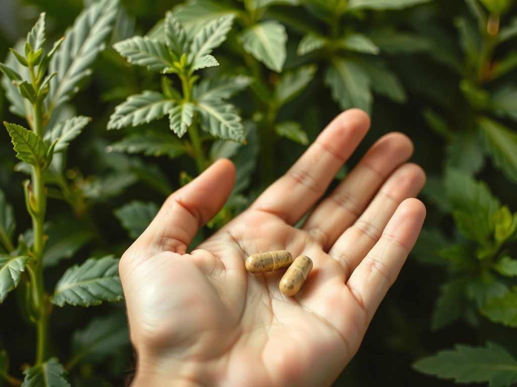 Mână delicată care ține o capsulă de supliment natural, cu plante medicinale verzi în fundal estompat, sugerând puritate și natură.