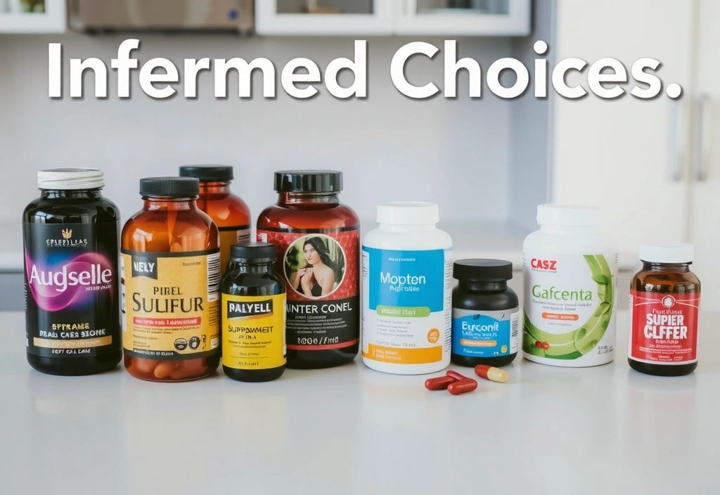 Diverse flacoane cu suplimente alimentare pe o masă curată, cu un fundal estompat, sugerând o decizie informată