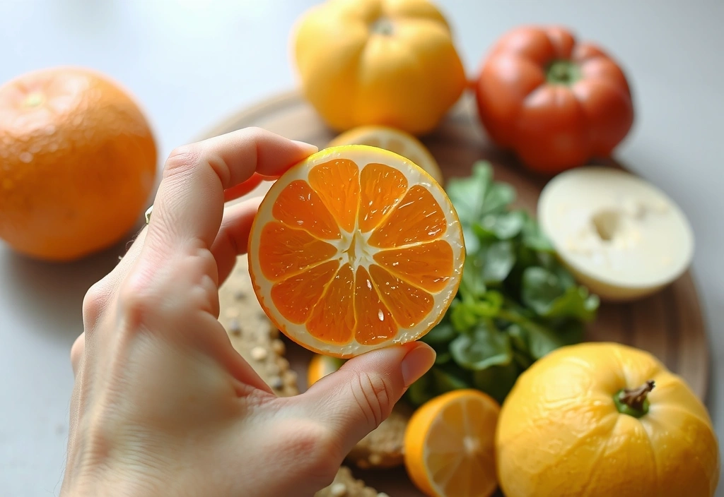 O mână care ține un fruct citric, simbolizând rolul vitaminelor în susținerea imunității